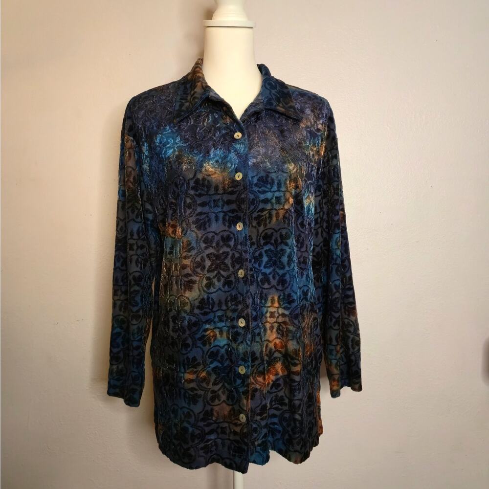 Vintage Y2k Fashion Bug Velvet Burnout Long Sleeve Button Up Shirt M Gem Tone